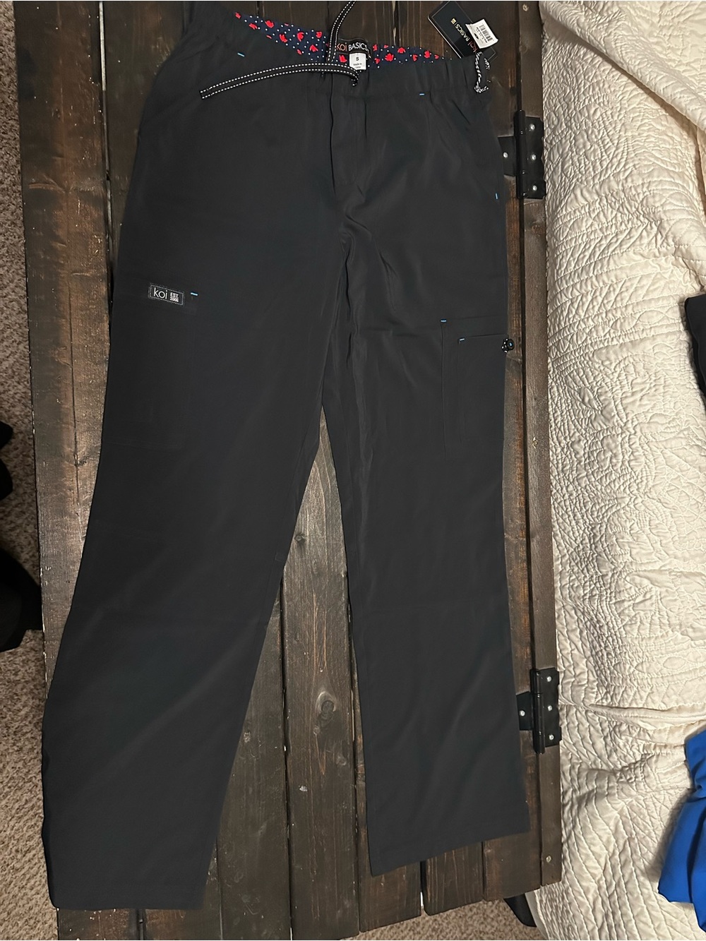 koi Black Women's Cargo Scrub Pants with Floral Waist Accent